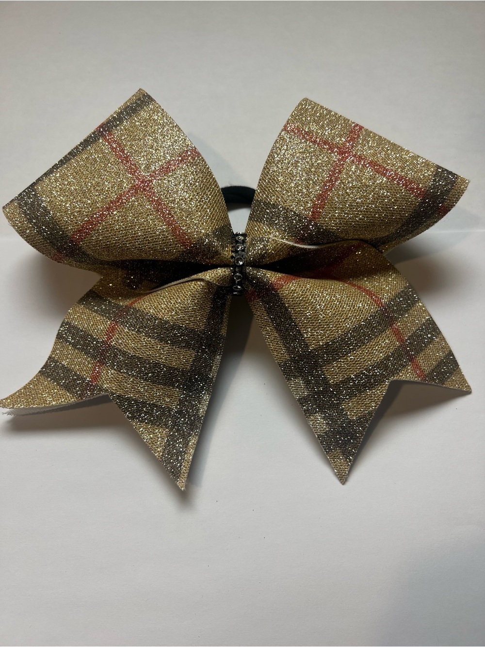Glitter Plaid Bow Hair Tie - Gold Plaid Cheerleading Bow Burberry